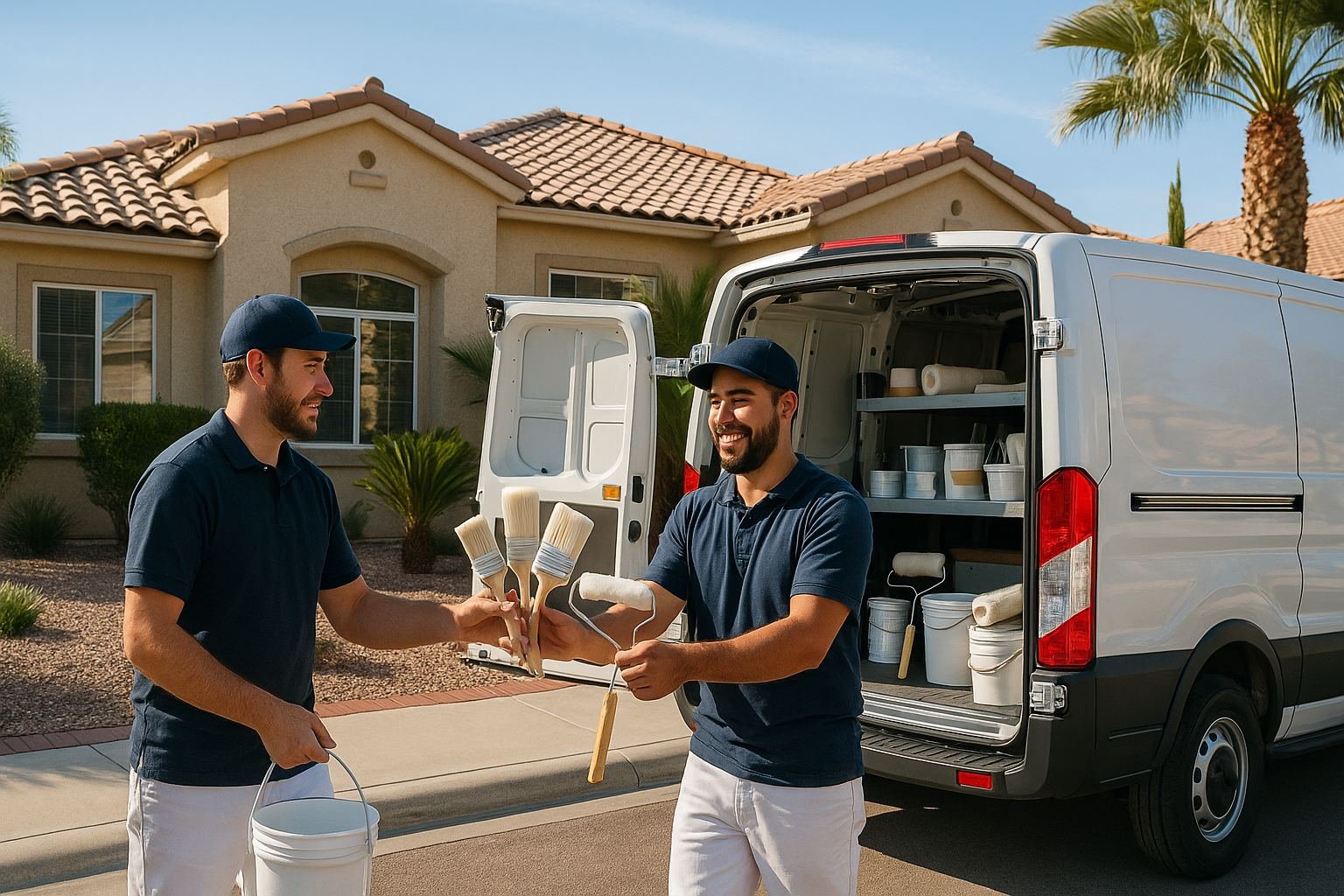 Painting crew loading brushes and rollers from a clean work van in front of a Henderson stucco home